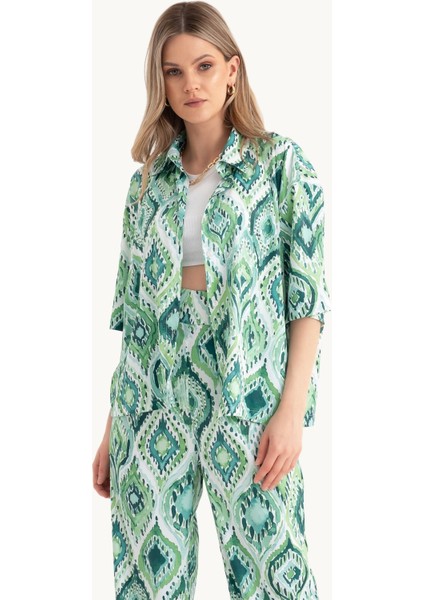 Kadın Dökümlü Kısa Kollu Saten Boho Gömlek Green