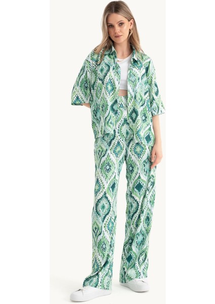 Kadın Dökümlü Kısa Kollu Saten Boho Gömlek Green