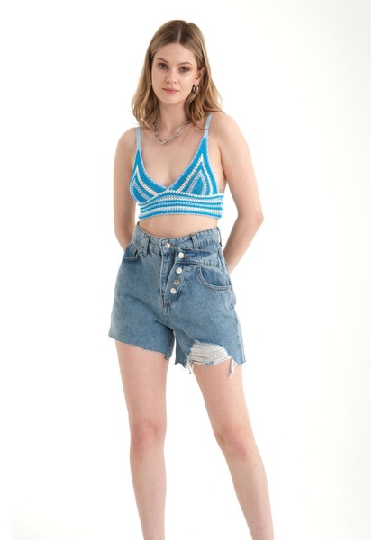 Kadın Şeritli V Yaka Örme Kroşe Crop Top Blue