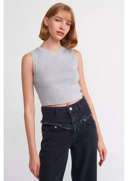 Kadın Örme Bisiklet Yaka Crop Top Açık Gri