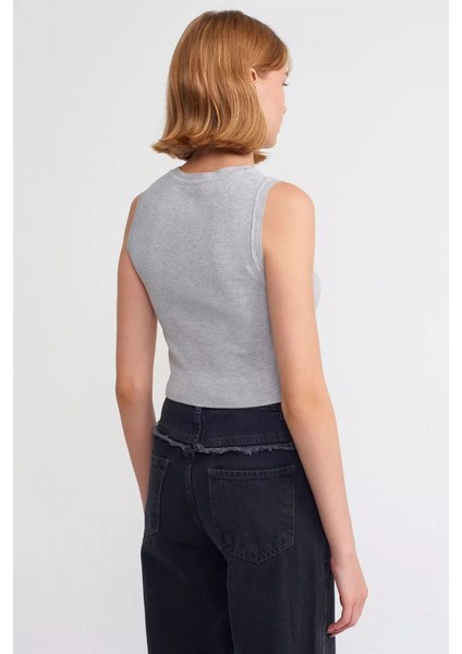 Kadın Örme Bisiklet Yaka Crop Top Açık Gri