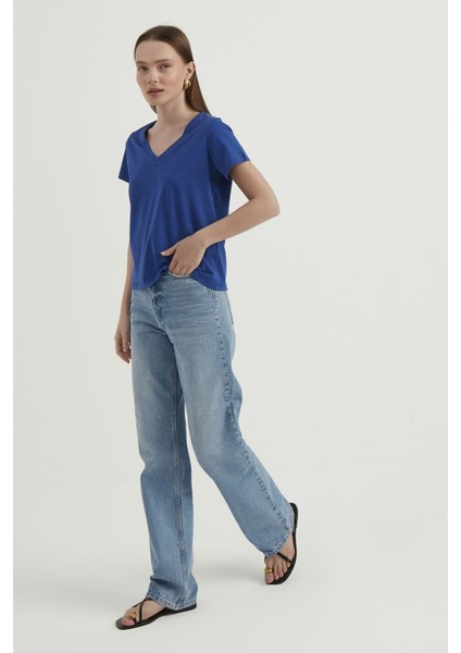Kadın V Yaka Temel T-shirt Blue
