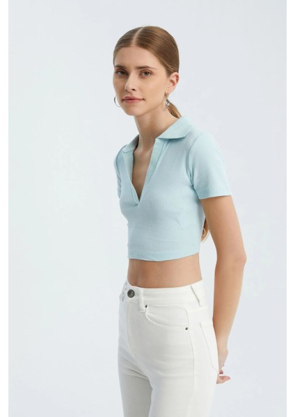 Kadın V Yakalı Polo Crop Top Mavi indirimleri