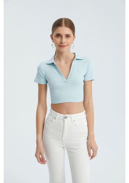 Kadın V Yakalı Polo Crop Top Mavi