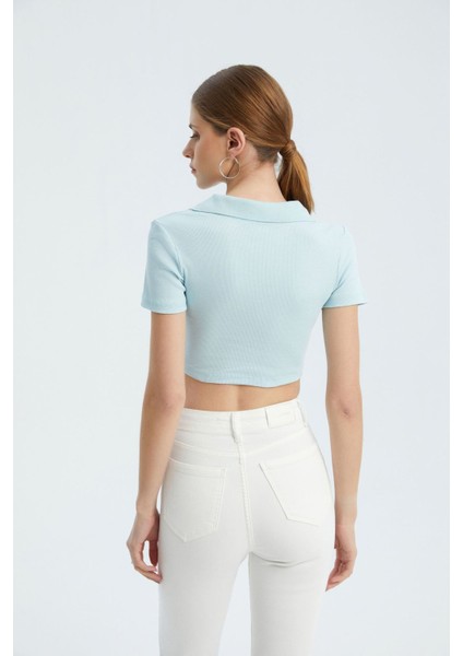 Kadın V Yakalı Polo Crop Top Mavi