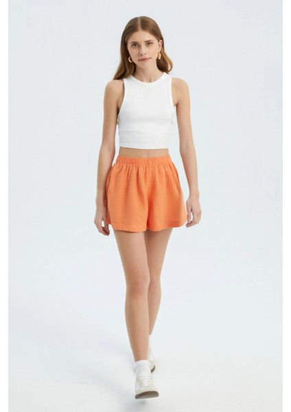 Kadın Keten Yüksek Bel Elastik Bel Şort Orange indirimleri