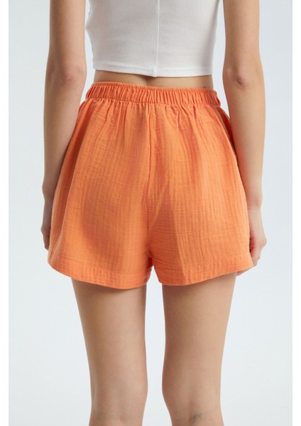 Kadın Keten Yüksek Bel Elastik Bel Şort Orange