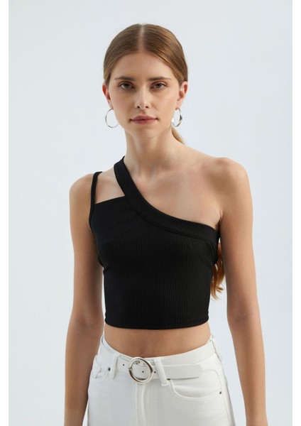 Kadın Tek Omuzlu Kesik Crop Top Black