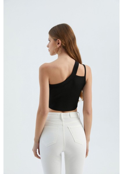 Kadın Tek Omuzlu Kesik Crop Top Black
