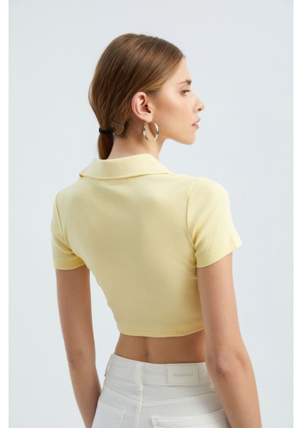 Kadın V Yakalı Polo Crop Top Yellow