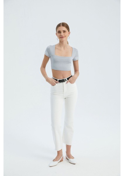 Kadın Kare Yaka Temel Crop Top Grey indirimleri