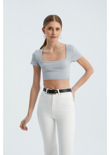 Kadın Kare Yaka Temel Crop Top Grey