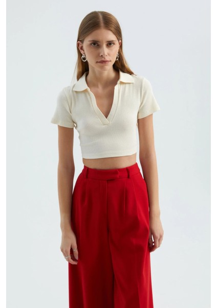 Kadın V Yakalı Polo Crop Top White