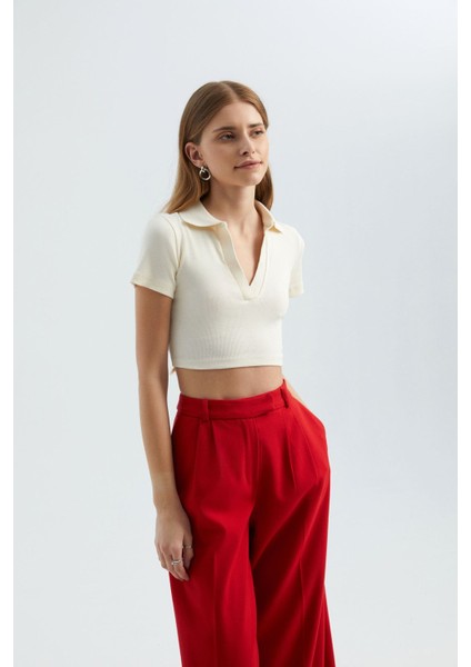 Kadın V Yakalı Polo Crop Top White