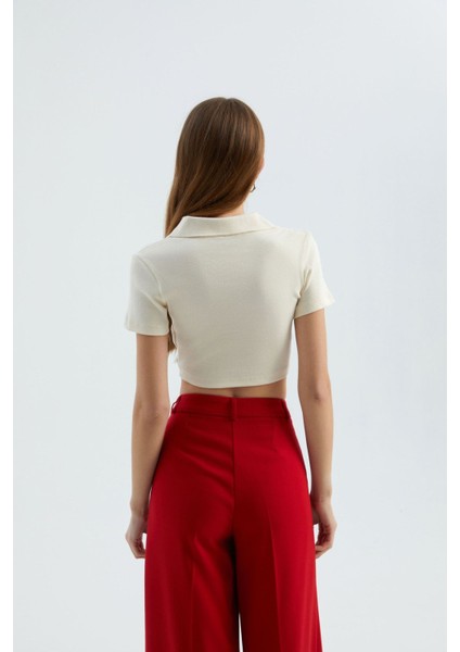 Kadın V Yakalı Polo Crop Top White