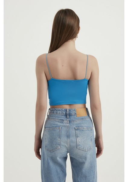 Kadın Askılı Crop Basic Kısa Bluz Blue