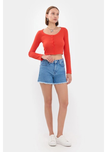 Kadın Düğme Detaylı Yuvarlak Yaka Dokuma Üst Red