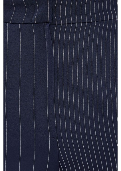 Kadın Çizgili Yüksek Bel Düz Bacak Pantolonlar Mavi