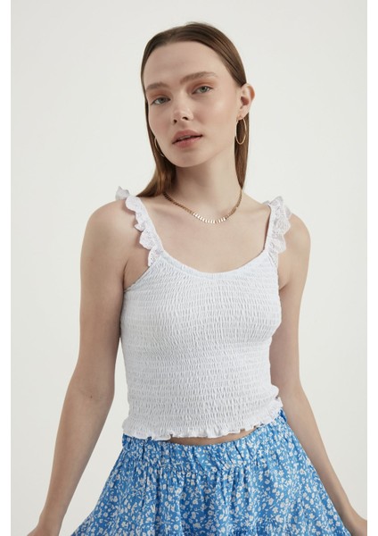 Kadın V Yaka Fermuarlı Crop Top White indirimleri