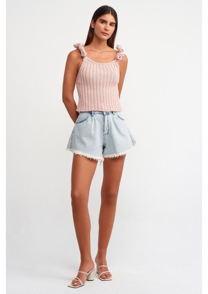 Kadın Çiçek Detaylı Scoop Yakalı, Fitilli Örme Kolsuz Üst Karanfil Pembesi indirimleri