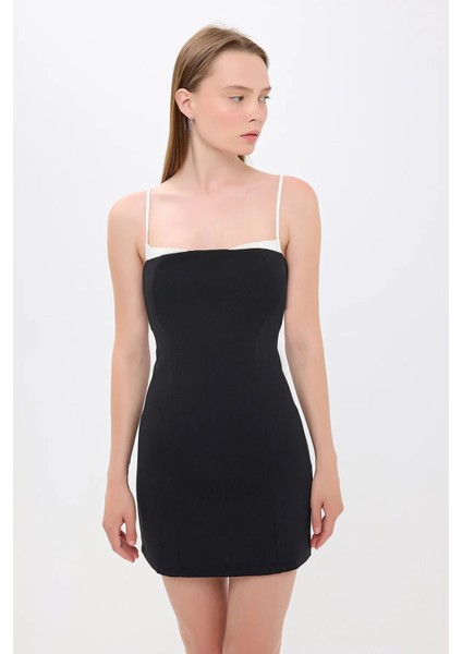 Kadın Detaylı İnce Askılı Mini Elbise Siyah