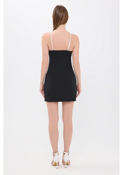 Kadın Detaylı İnce Askılı Mini Elbise Siyah