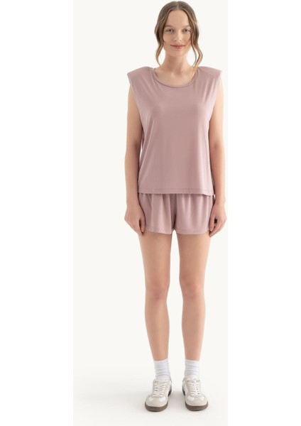 Kadın Yuvarlak Yakalı Ham Kenar Kolsuz Tank Top Pink