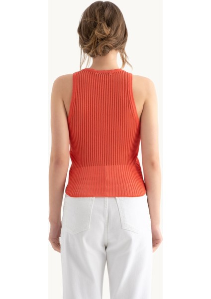 Kadın Yuvarlak Yakalı Fitilli File Tank Top Pink