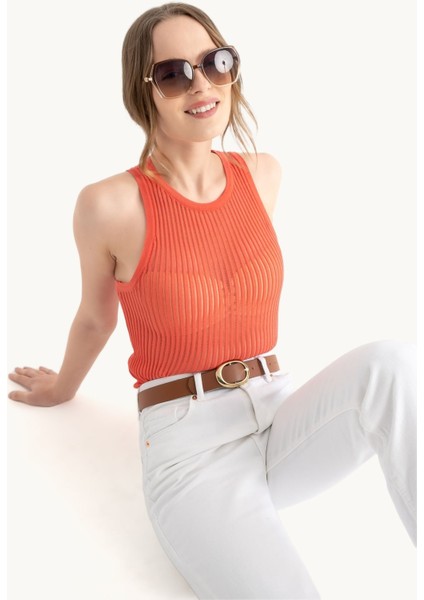 Kadın Yuvarlak Yakalı Fitilli File Tank Top Pink