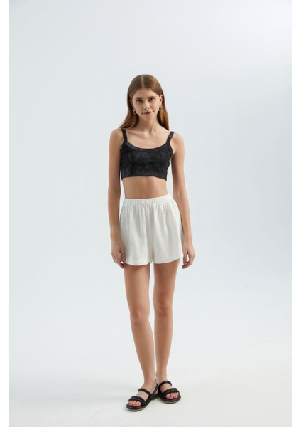 Kadın Keten Yüksek Bel Elastik Bel Şort White