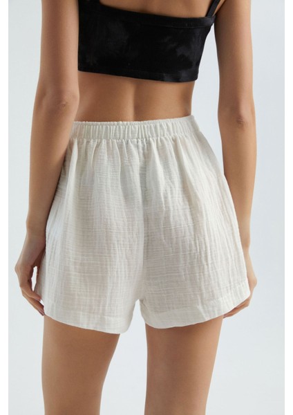 Kadın Keten Yüksek Bel Elastik Bel Şort White