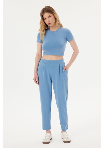 Kadın Yuvarlak Yaka Temel Crop Top Blue indirimleri