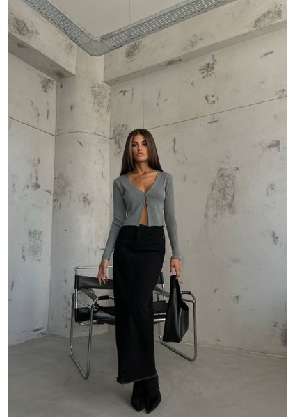 Kadın Düz V Yaka Crop Hırka Grey