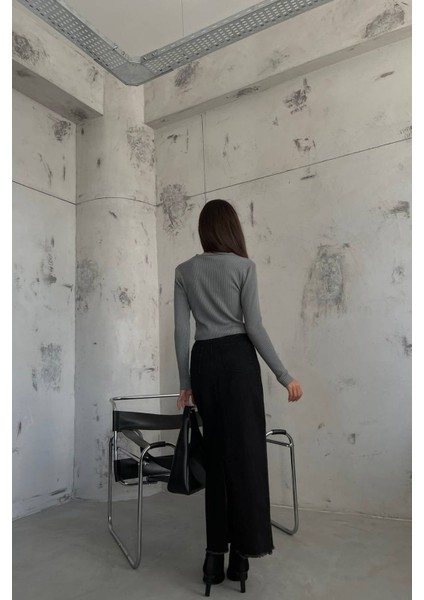 Kadın Düz V Yaka Crop Hırka Grey