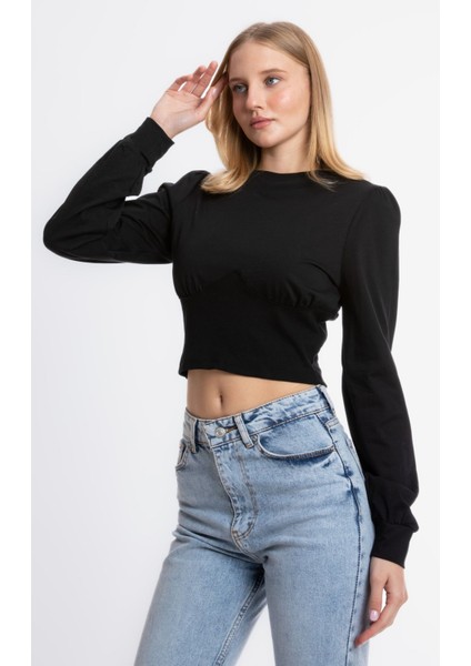 Kadın Yuvarlak Yaka Detaylı Uzun Kollu Kırpılmış Üst Siyah