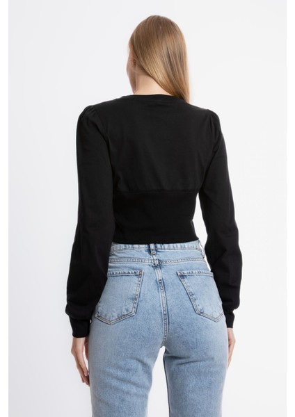 Kadın Yuvarlak Yaka Detaylı Uzun Kollu Kırpılmış Üst Siyah