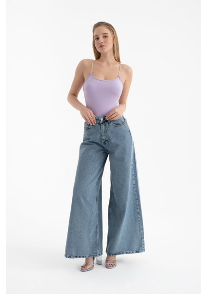 Kadın Scoop Yaka Elmas Kayışlı Vücut Purple