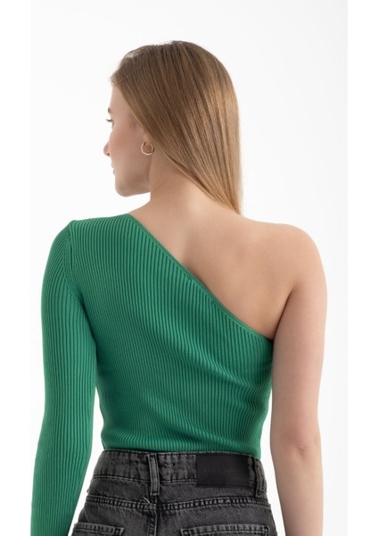 Kadın Tek Omuzlu Örme Nervürlü Bluz Green
