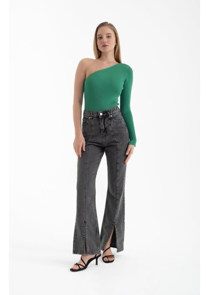 Kadın Tek Omuzlu Örme Nervürlü Bluz Green