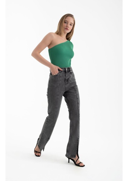 Kadın Tek Omuzlu Örme Nervürlü Bluz Green