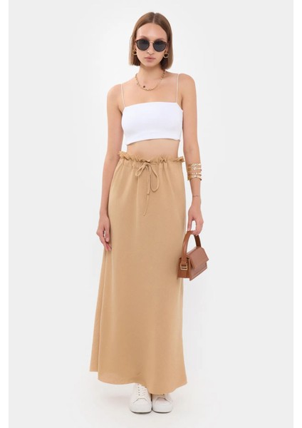 Kadın Yüksek Bel Detaylı Kordonlu Maxi Etek Brown