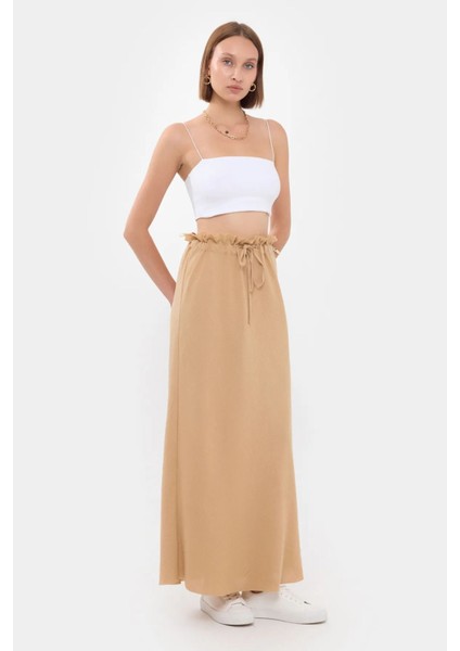 Kadın Yüksek Bel Detaylı Kordonlu Maxi Etek Brown