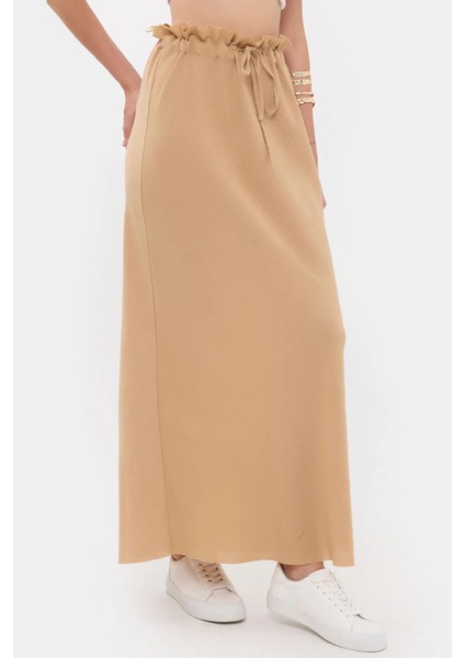 Kadın Yüksek Bel Detaylı Kordonlu Maxi Etek Brown