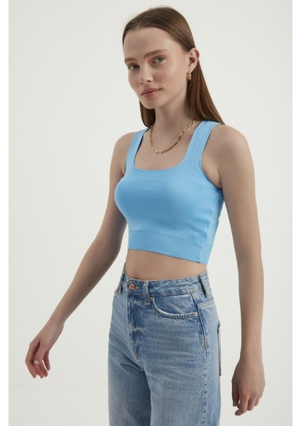 Kadın Kare Yaka Kolsuz Temel Dokuma Crop Top Blue