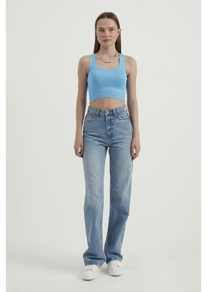 Kadın Kare Yaka Kolsuz Temel Dokuma Crop Top Blue