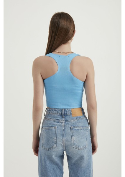 Kadın Kare Yaka Kolsuz Temel Dokuma Crop Top Blue