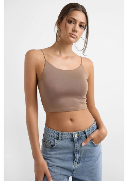 Kadın Askılı Crop Basic Kısa Bluz Brown indirimleri