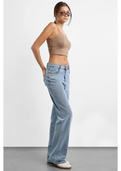Kadın Askılı Crop Basic Kısa Bluz Brown