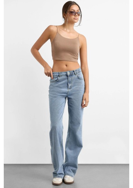 Kadın Askılı Crop Basic Kısa Bluz Brown