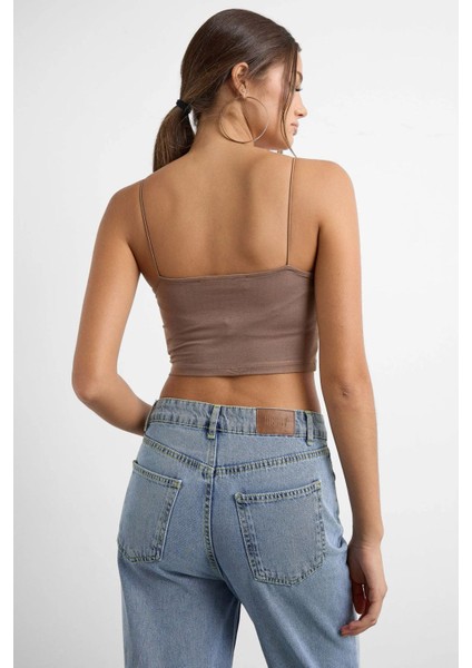 Kadın Askılı Crop Basic Kısa Bluz Brown